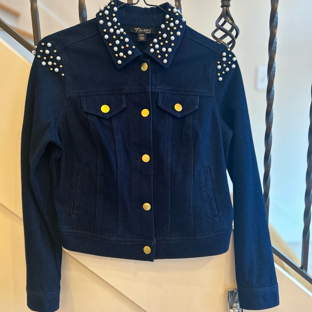 Thalia Sodi Navy Jean Jacket with Pearl Accents